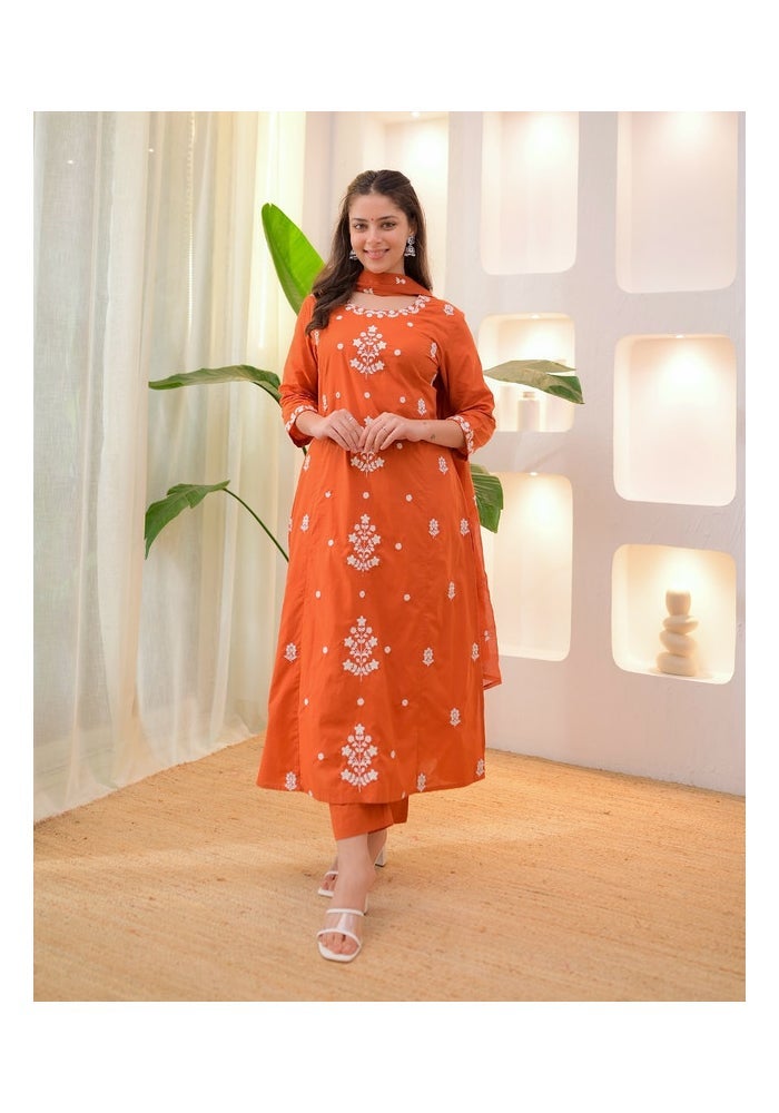 Malishka Export Orange Rayon Slub Embroidered Kurta Pant for Women - Image 3